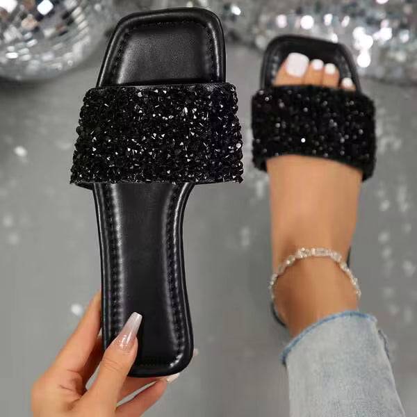 Women's Square Head Non-Slip Rhinestone Sandal Slippers Fashionable Open Summer Flat Slippers