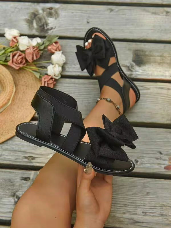 Women's Cross Elastic Strap Flat Sandals With Wide Toe Box, Bow Decor, Elegant Outdoor Beach Party Flat Sandals