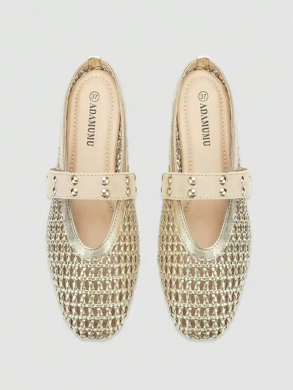 ADAMUMU New Women's Breathable PU Woven Craft Rhinestone Decor Woven Pattern Round Toe Low Vamp Strap Flat Heel Mule Half-Slip Shoes Minimalist Fashion Style Daily Shopping Commuting All Season Black Woven