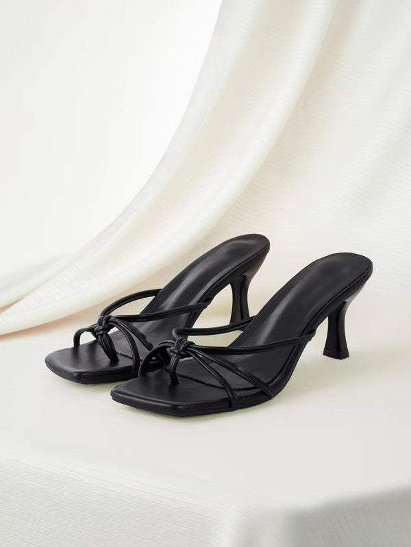 Clariva Multiple Strap Criss-Cross Design Slip-On Black Square Toe Stiletto Heel Sandals, Fashionable High Heel Mules, Comfortable Black High Heels, Kitten Heel, Suitable For Any Formal Occasion For Women,Spring Summer Outfits