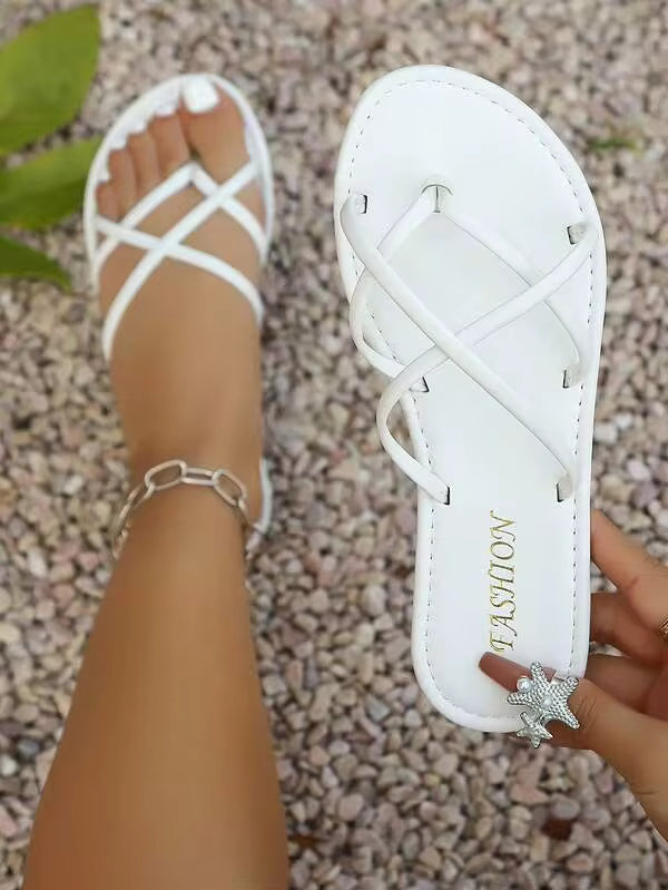 Women's Casual Outdoor Fashion Sexy Elegant Soft Strap Criss-Cross Flip Flops With Heat-Pressed Text, Comfortable Flat Round Toe Sandals