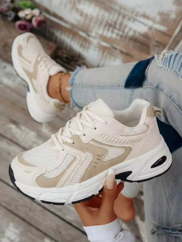 2026 Spring/Summer New Soft Leather Thick-Soled Chunky Sneakers, Women's Breathable Mesh Running Shoes, Casual Sports Shoes