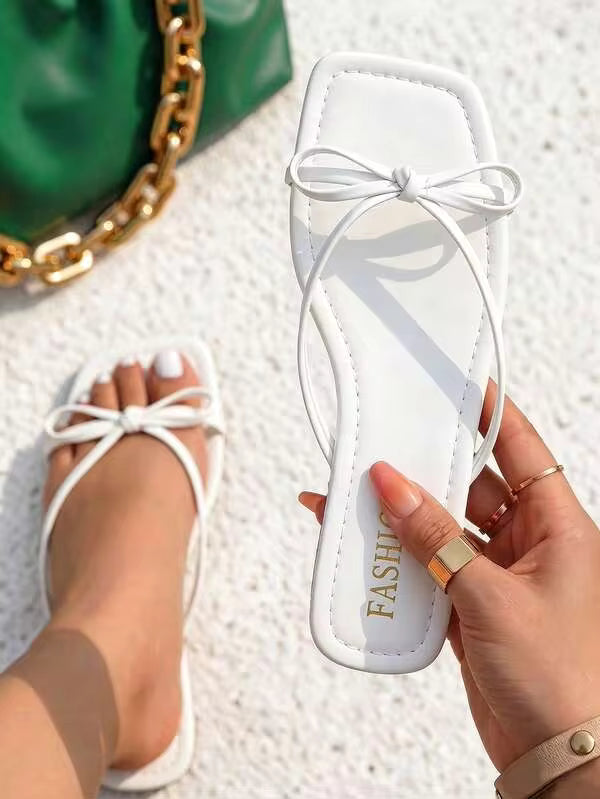 planare New Fashion Summer Casual Vacation Style Slip-On Sandals With Striped Bow Decor, White Flat Flip Flops For Women