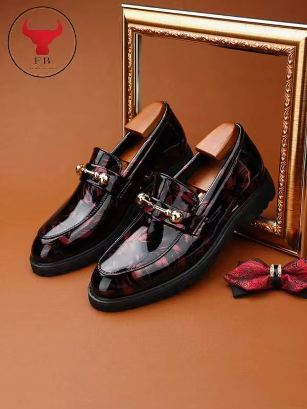 GEDOUGONGNIU Men's Patterned Lacquered Leather Loafers, Metal Decor Slip-On Formal Shoes, Soft & Comfortable, Suitable For Business, Casual, Commuting, Party, Social Occasions, And Daily Wear