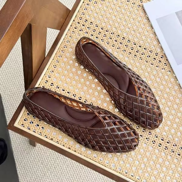 Summer Pointed V-Mouth Sandals With Flat Bottom And One Foot, Women's Crystal Shoes, Korean Version Mesh Shallow Mouth Jelly Single Shoes