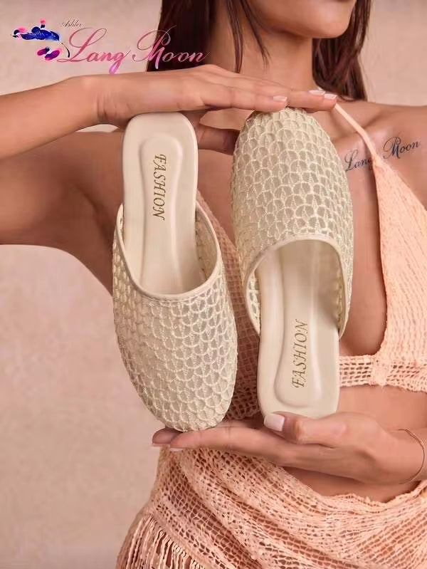 LangMoon Beige Mesh Hollow Out Mules, Breathable Flat Comfortable Slippers, Non-Slip Casual Shoes For Commute Vacation, Versatile Spring And Summer